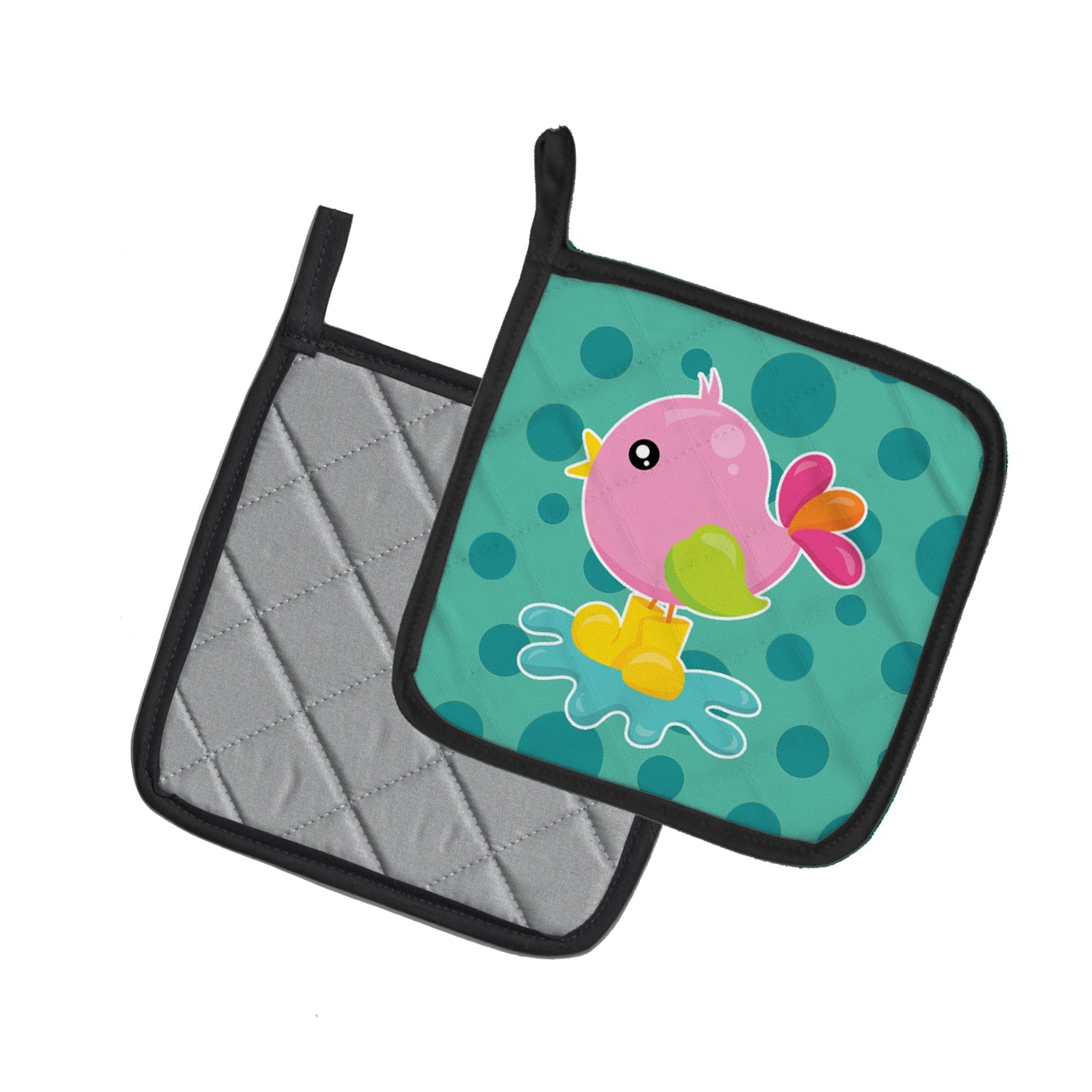 Bird in Rainboots and Puddle Pot Holder Set of 2 Heat Resistant Quilted Hot Pads 7.5 x 7.5 Inch, Insulated Kitchen Trivets for Cooking & Baking
