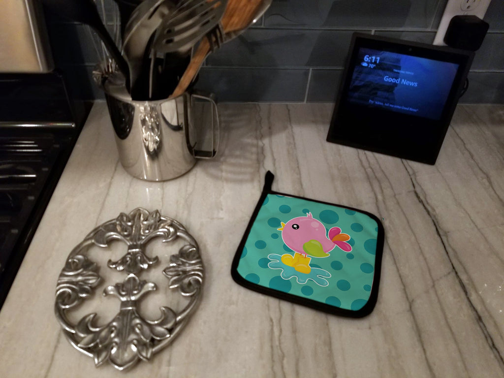 Bird in Rainboots and Puddle Pot Holder Set of 2 Heat Resistant Quilted Hot Pads 7.5 x 7.5 Inch, Insulated Kitchen Trivets for Cooking & Baking