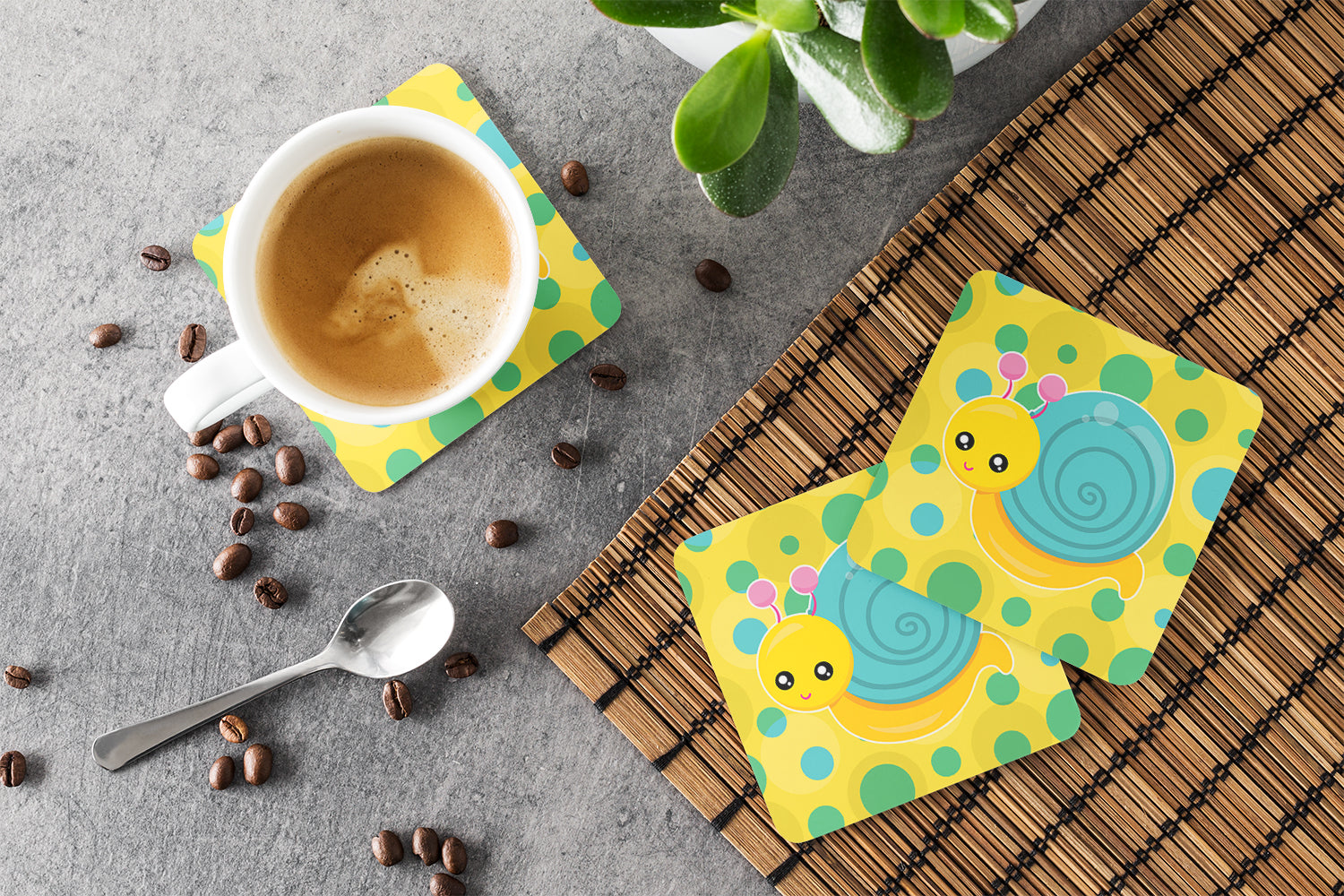 Snail on Polkadots Foam Coasters Set of 4 Cup Coasters for Indoor Outdoor, Tabletop Protection, Anti Slip, Mouse pad Material