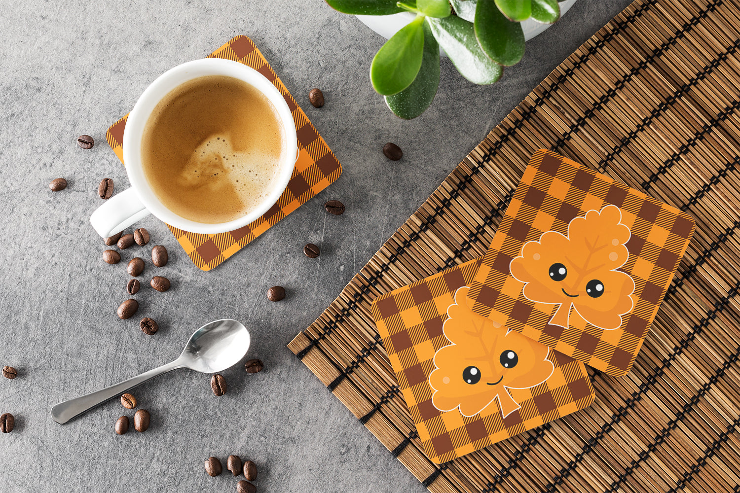 Fall Leaf on Gingham Foam Coasters Set of 4 Cup Coasters for Indoor Outdoor, Tabletop Protection, Anti Slip, Mouse pad Material