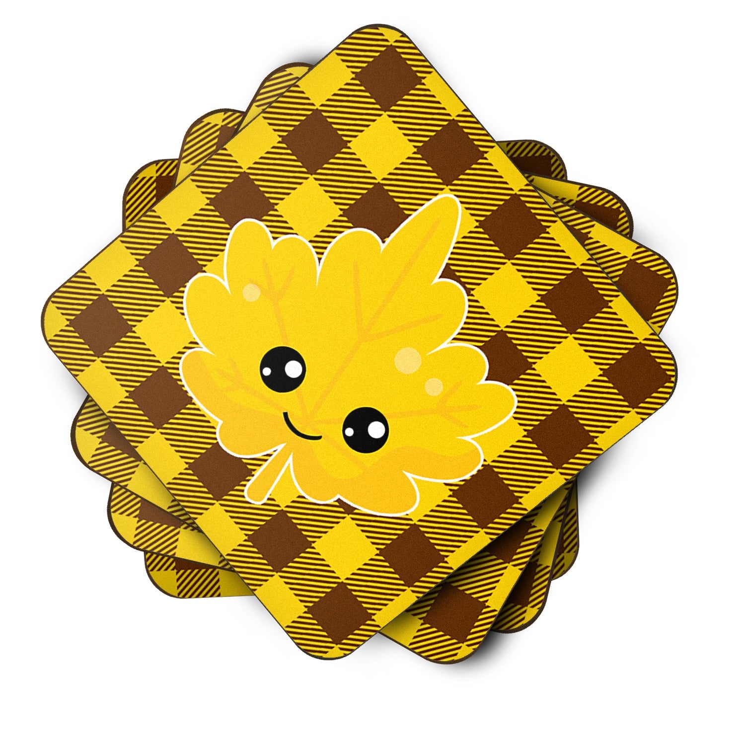 Fall Leaf on Gingham Foam Coasters Set of 4 Cup Coasters for Indoor Outdoor, Tabletop Protection, Anti Slip, Mouse pad Material