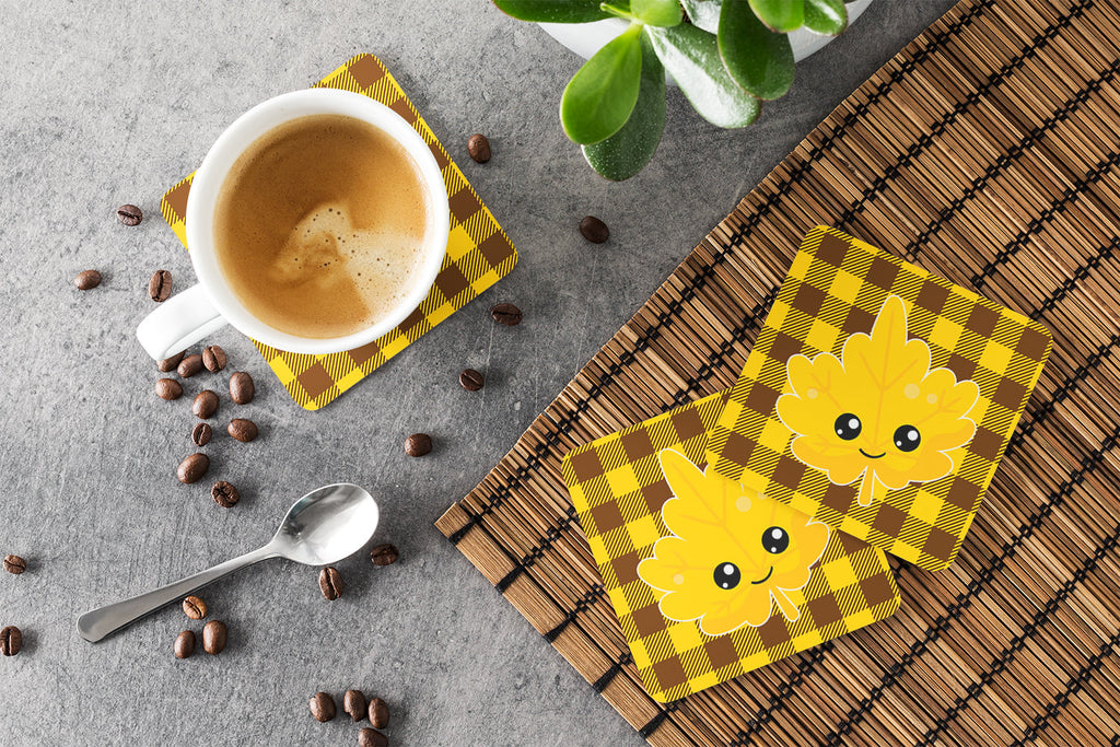 Fall Leaf on Gingham Foam Coasters Set of 4 Cup Coasters for Indoor Outdoor, Tabletop Protection, Anti Slip, Mouse pad Material