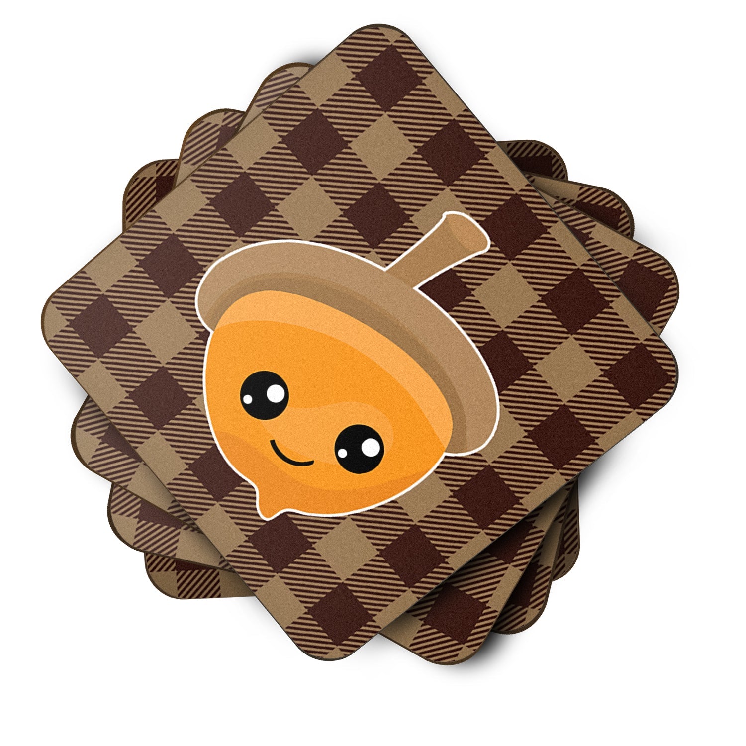 Fall Acorn on Gingham Foam Coasters Set of 4 Cup Coasters for Indoor Outdoor, Tabletop Protection, Anti Slip, Mouse pad Material