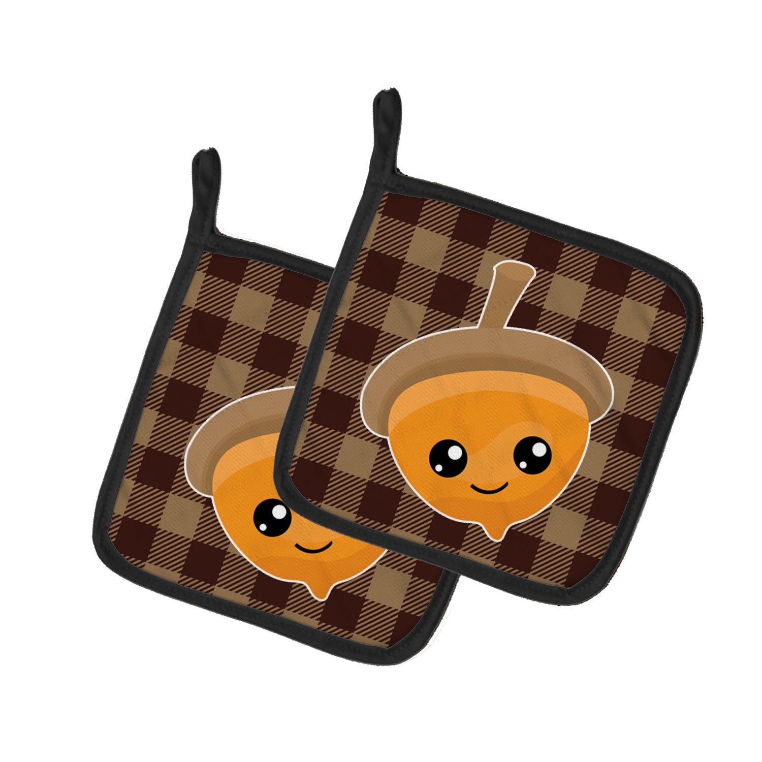 Fall Acorn on Gingham Pot Holder Set of 2 Heat Resistant Quilted Hot Pads 7.5 x 7.5 Inch, Insulated Kitchen Trivets for Cooking & Baking