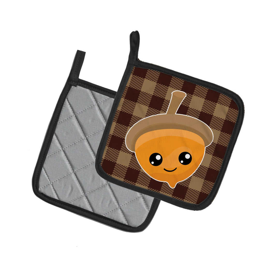 Fall Acorn on Gingham Pot Holder Set of 2 Heat Resistant Quilted Hot Pads 7.5 x 7.5 Inch, Insulated Kitchen Trivets for Cooking & Baking