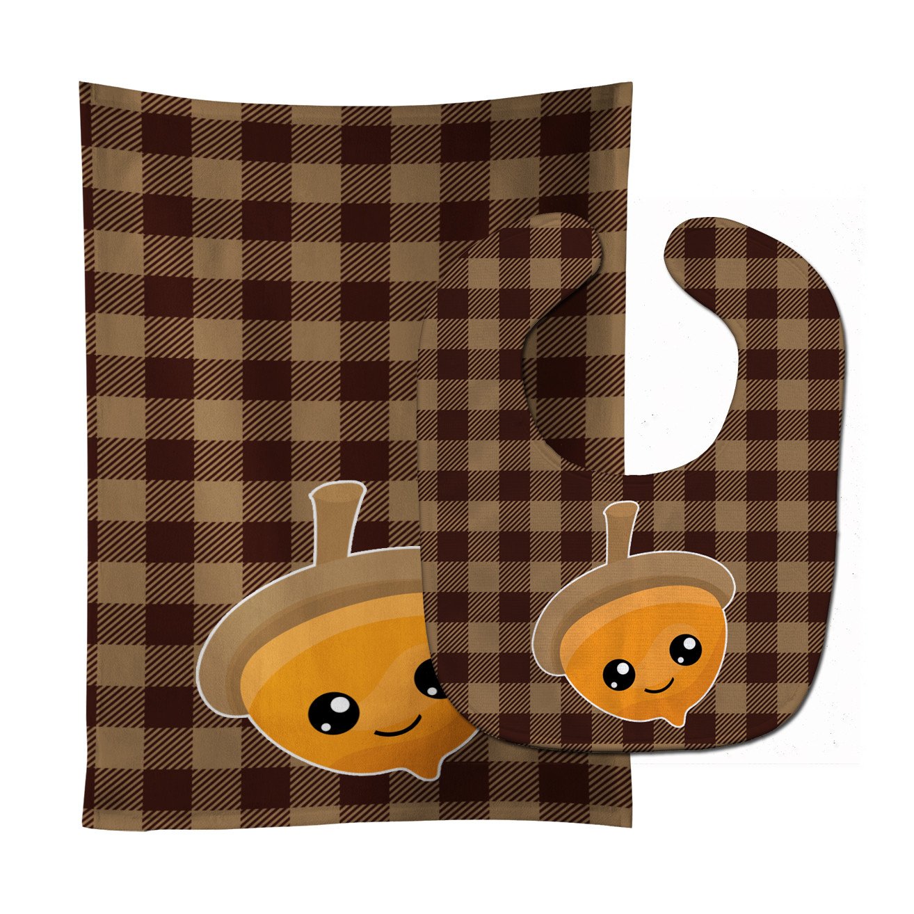 Fall Acorn on Gingham Baby Bib & Burp Cloth Easy-Clean Baby Bib Baby Feeding Accessory Baby Mealtime Essential
