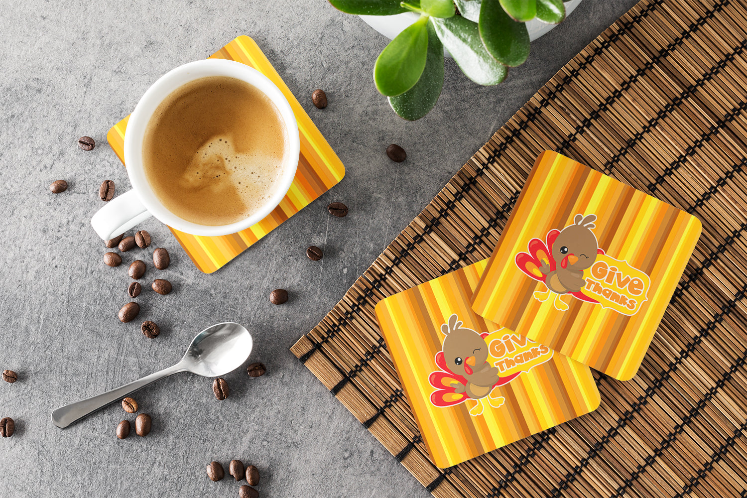 Thanksgiving Turkey Give Thanks Foam Coasters Set of 4 Cup Coasters for Indoor Outdoor, Tabletop Protection, Anti Slip, Mouse pad Material