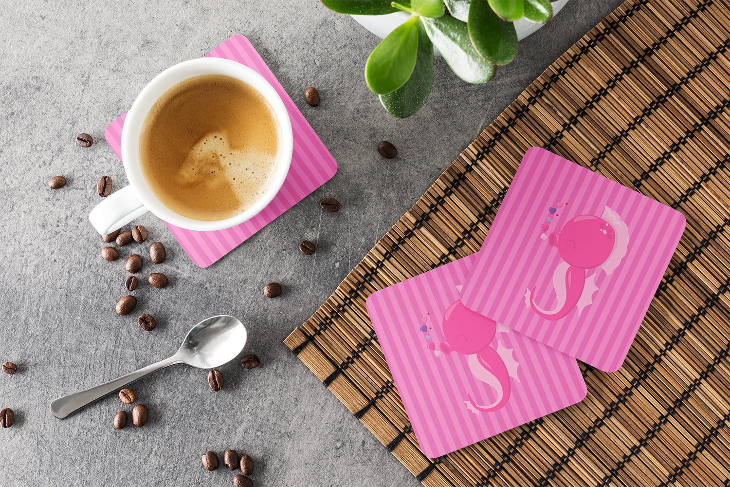 Pink Seahorse Foam Coasters Set of 4 Cup Coasters for Indoor Outdoor, Tabletop Protection, Anti Slip, Mouse pad Material