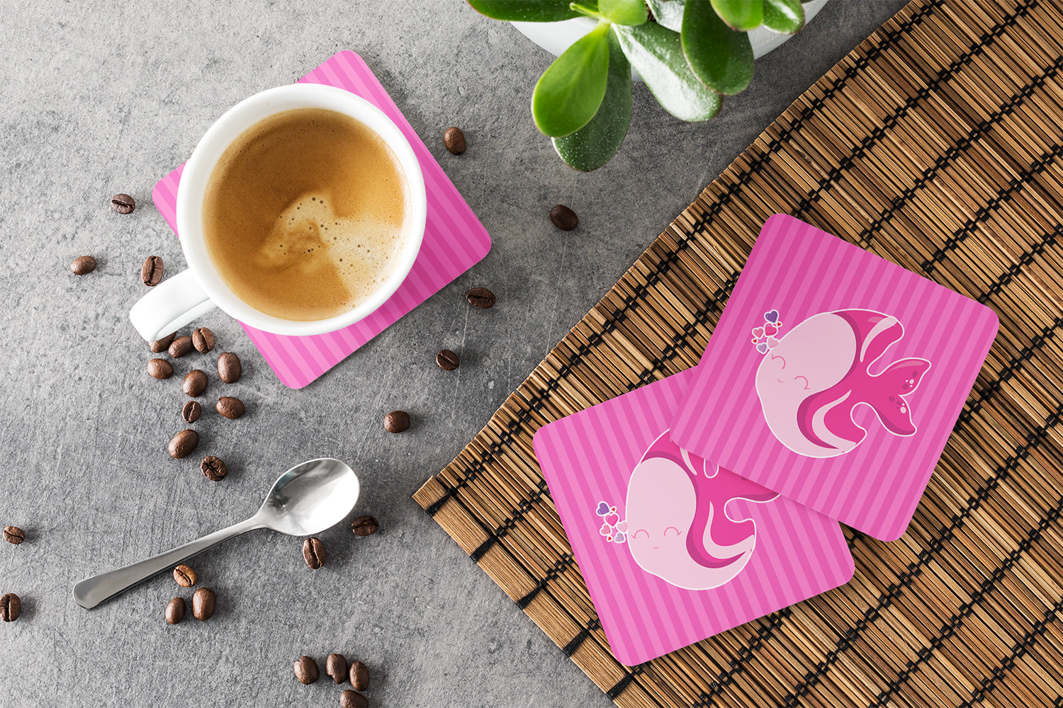 Pink Fish Foam Coasters Set of 4 Cup Coasters for Indoor Outdoor, Tabletop Protection, Anti Slip, Mouse pad Material