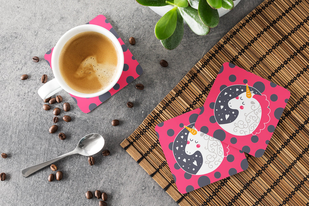 Unicorn Pink Polkadots Foam Coasters Set of 4 Cup Coasters for Indoor Outdoor, Tabletop Protection, Anti Slip, Mouse pad Material