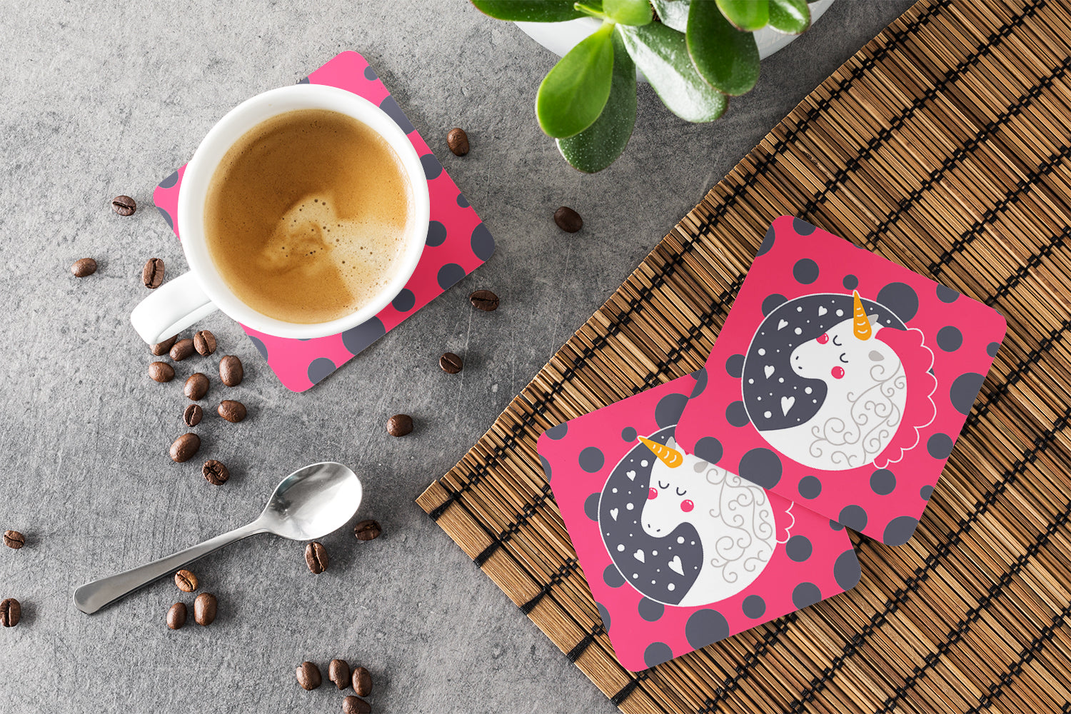Unicorn Pink Polkadots Foam Coasters Set of 4 Cup Coasters for Indoor Outdoor, Tabletop Protection, Anti Slip, Mouse pad Material