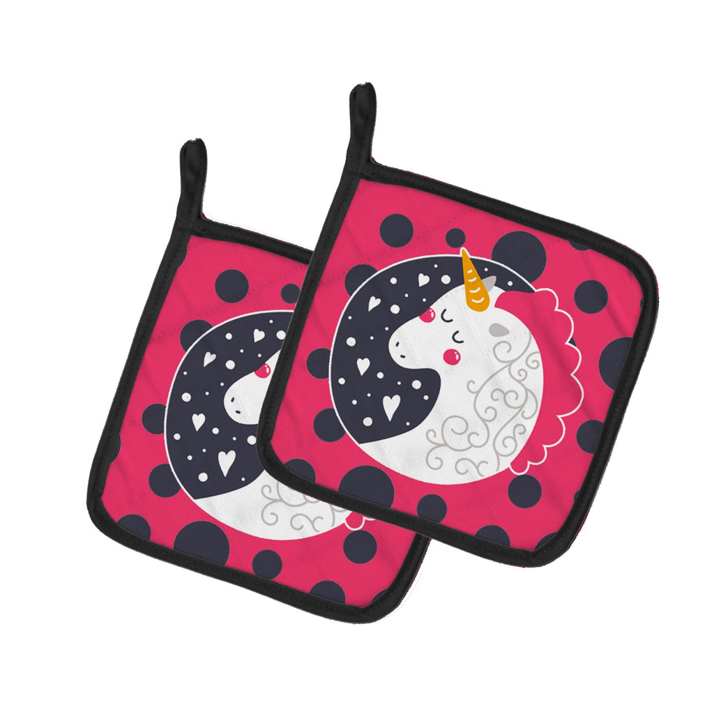 Unicorn Pink Polkadots Pot Holder Set of 2 Heat Resistant Quilted Hot Pads 7.5 x 7.5 Inch, Insulated Kitchen Trivets for Cooking & Baking