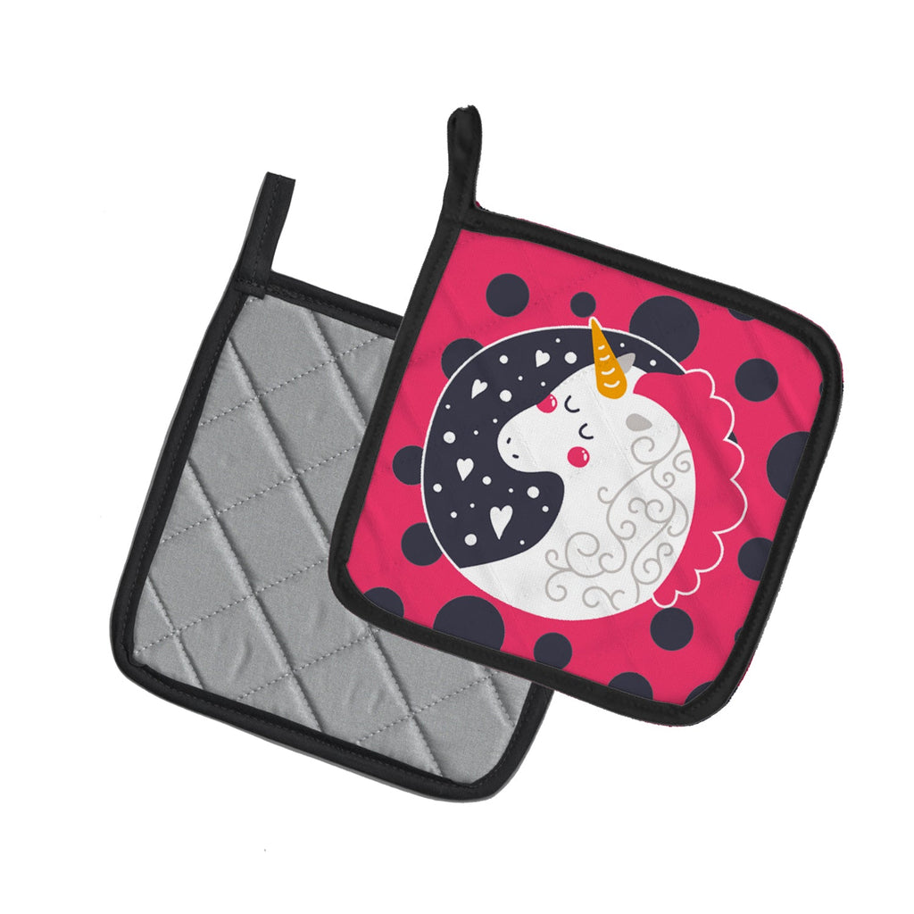 Unicorn Pink Polkadots Pot Holder Set of 2 Heat Resistant Quilted Hot Pads 7.5 x 7.5 Inch, Insulated Kitchen Trivets for Cooking & Baking