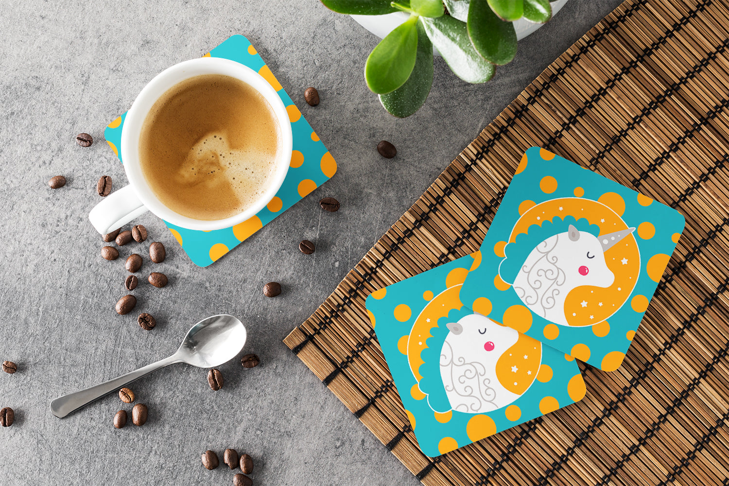 Unicorn Orange Polkadots Foam Coasters Set of 4 Cup Coasters for Indoor Outdoor, Tabletop Protection, Anti Slip, Mouse pad Material
