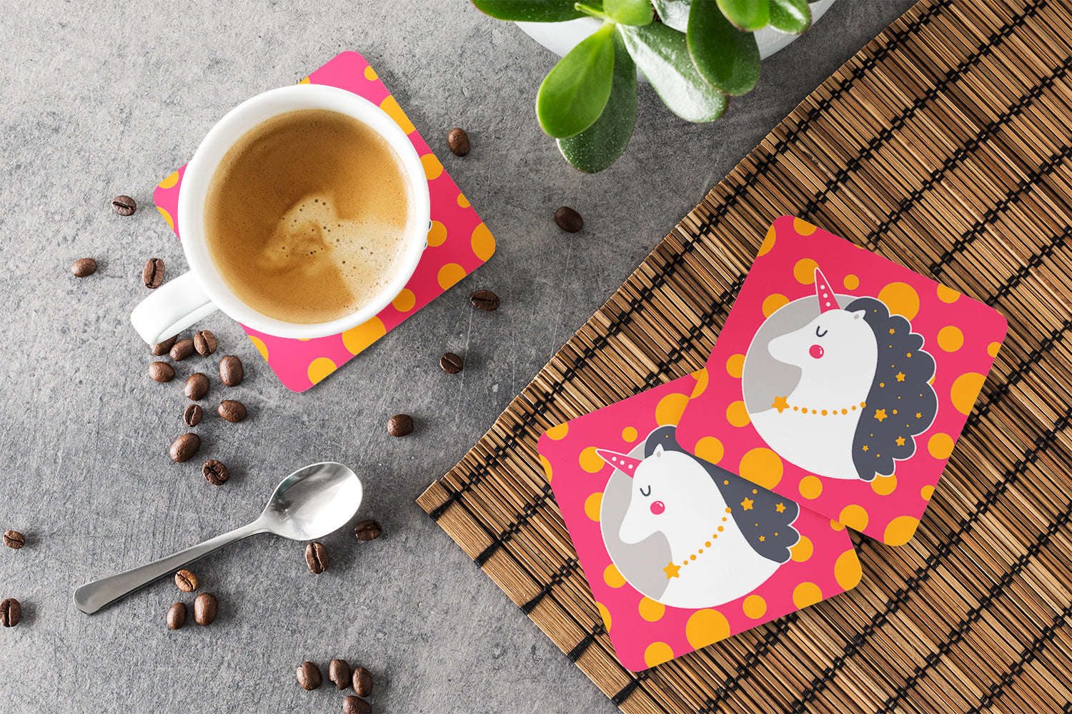 Unicorn Orange Polkadots Foam Coasters Set of 4 Cup Coasters for Indoor Outdoor, Tabletop Protection, Anti Slip, Mouse pad Material