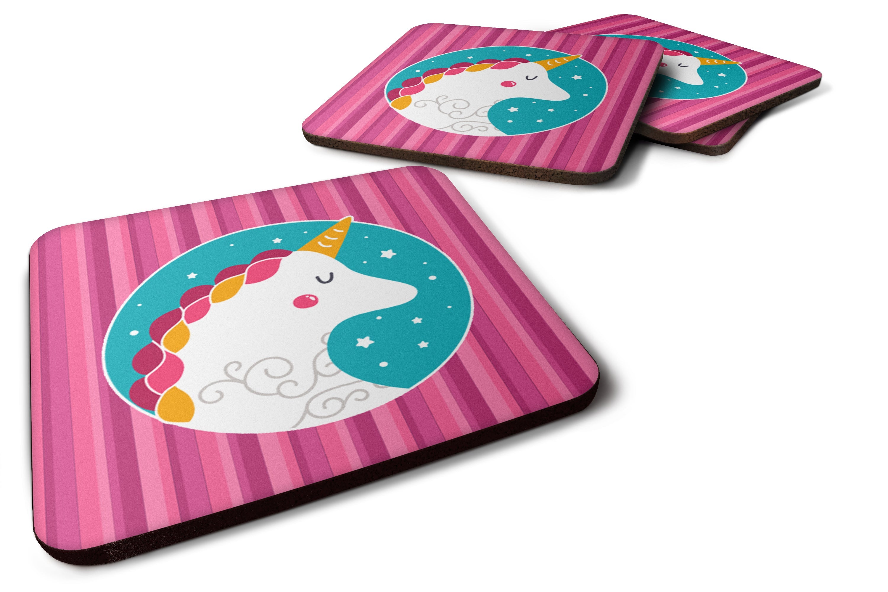 Unicorn Pink Stripes Foam Coasters Set of 4 Cup Coasters for Indoor Outdoor, Tabletop Protection, Anti Slip, Mouse pad Material