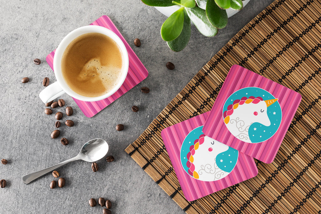 Unicorn Pink Stripes Foam Coasters Set of 4 Cup Coasters for Indoor Outdoor, Tabletop Protection, Anti Slip, Mouse pad Material