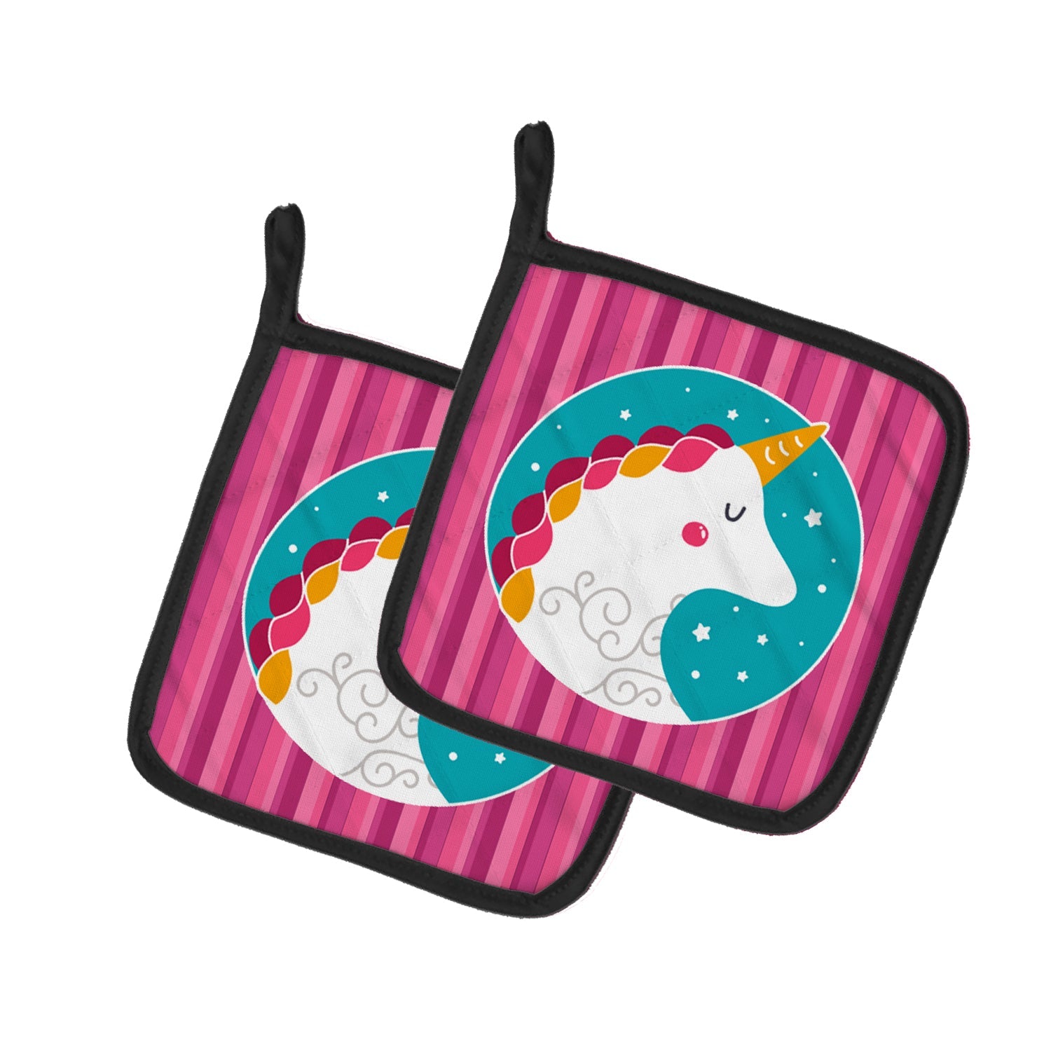Unicorn Pink Stripes Pot Holder Set of 2 Heat Resistant Quilted Hot Pads 7.5 x 7.5 Inch, Insulated Kitchen Trivets for Cooking & Baking