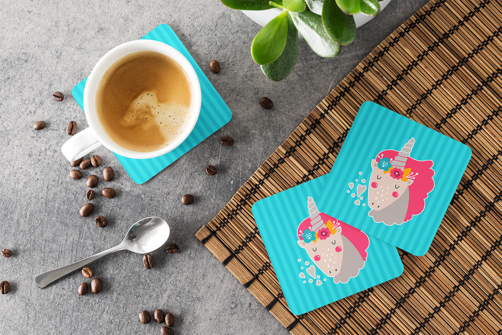 Unicorn Blue Stripes Foam Coasters Set of 4 Cup Coasters for Indoor Outdoor, Tabletop Protection, Anti Slip, Mouse pad Material