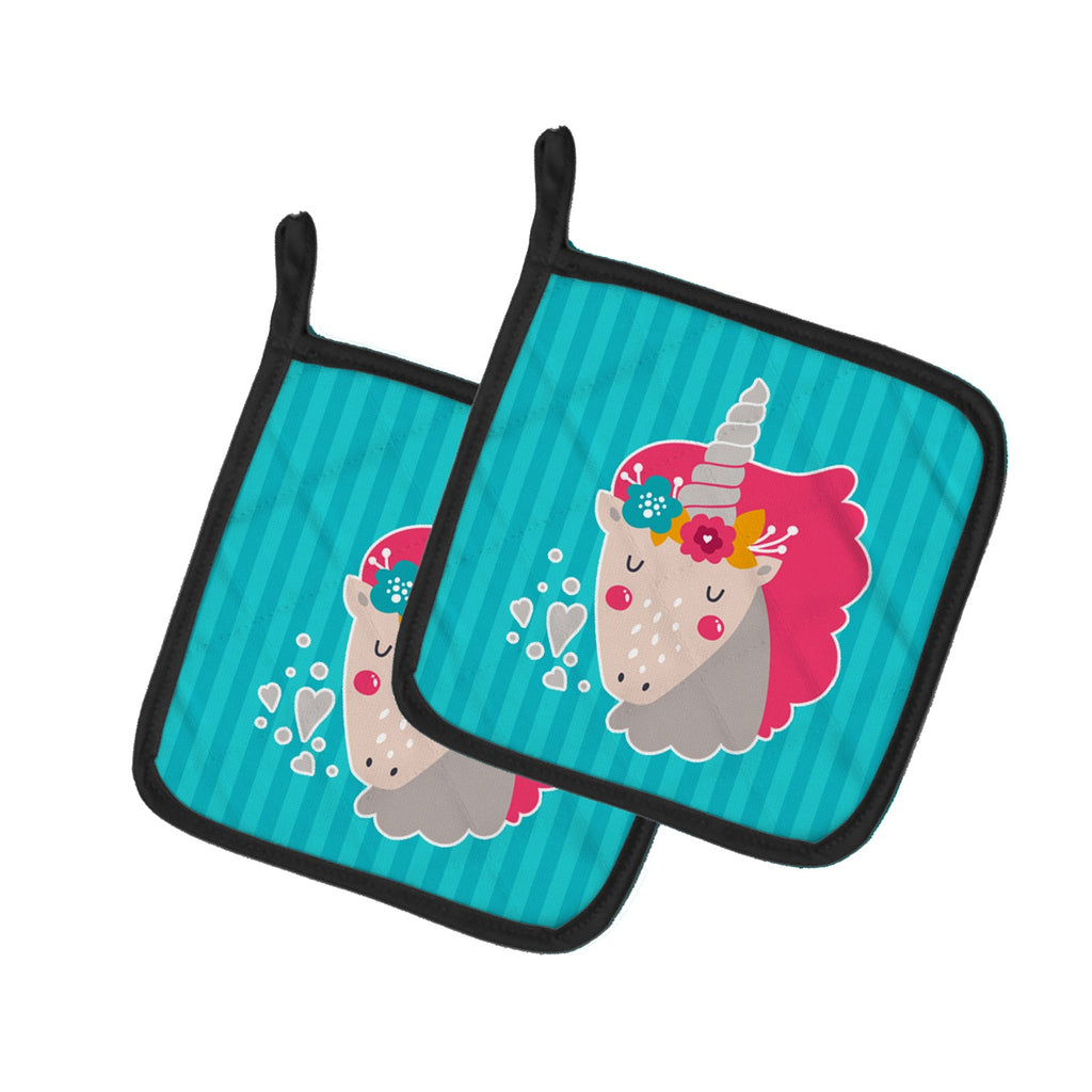 Unicorn Blue Stripes Pot Holder Set of 2 Heat Resistant Quilted Hot Pads 7.5 x 7.5 Inch, Insulated Kitchen Trivets for Cooking & Baking