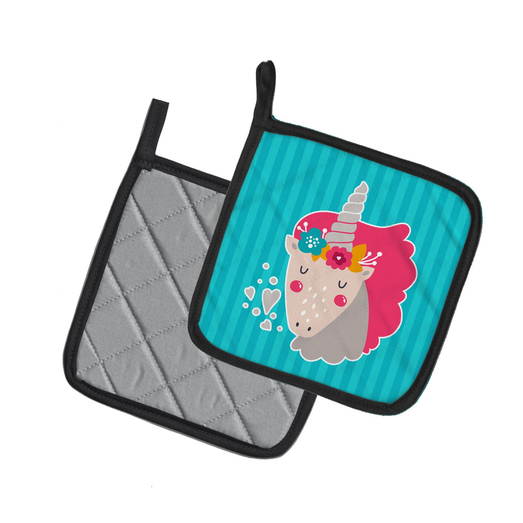 Unicorn Blue Stripes Pot Holder Set of 2 Heat Resistant Quilted Hot Pads 7.5 x 7.5 Inch, Insulated Kitchen Trivets for Cooking & Baking