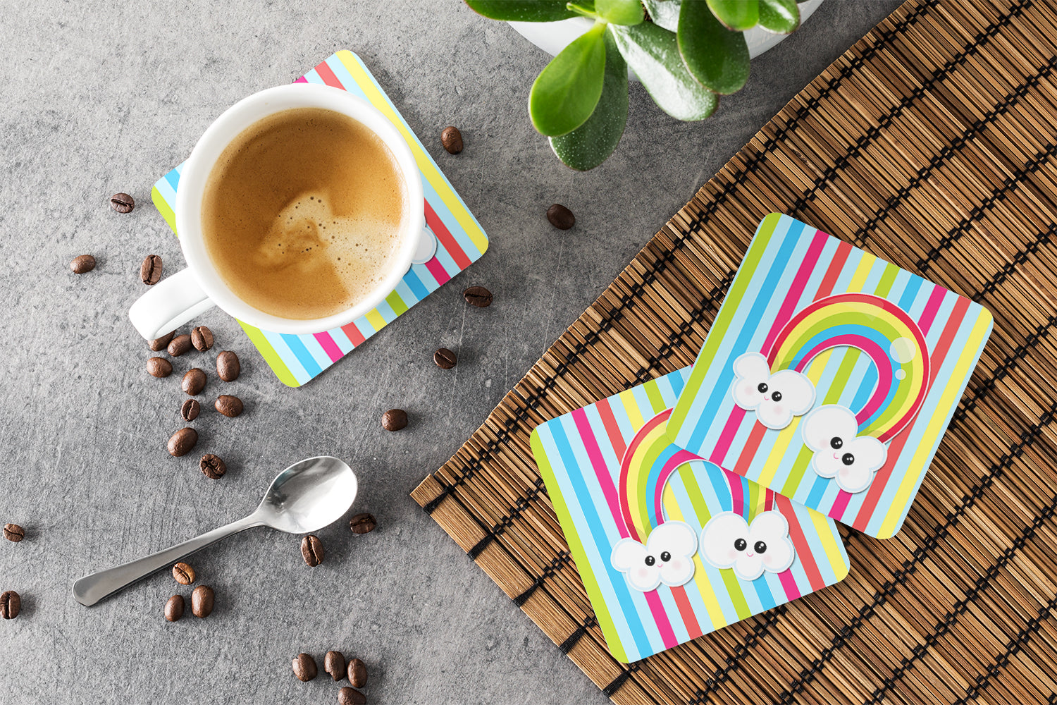 Weather Rainbow Face Foam Coasters Set of 4 Cup Coasters for Indoor Outdoor, Tabletop Protection, Anti Slip, Mouse pad Material