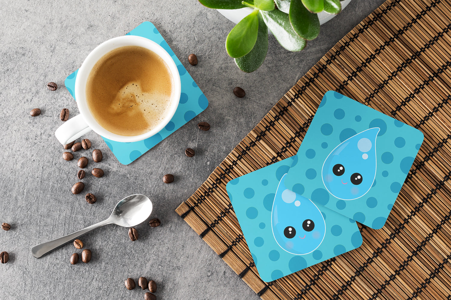 Weather Rain Drop Face Foam Coasters Set of 4 Cup Coasters for Indoor Outdoor, Tabletop Protection, Anti Slip, Mouse pad Material