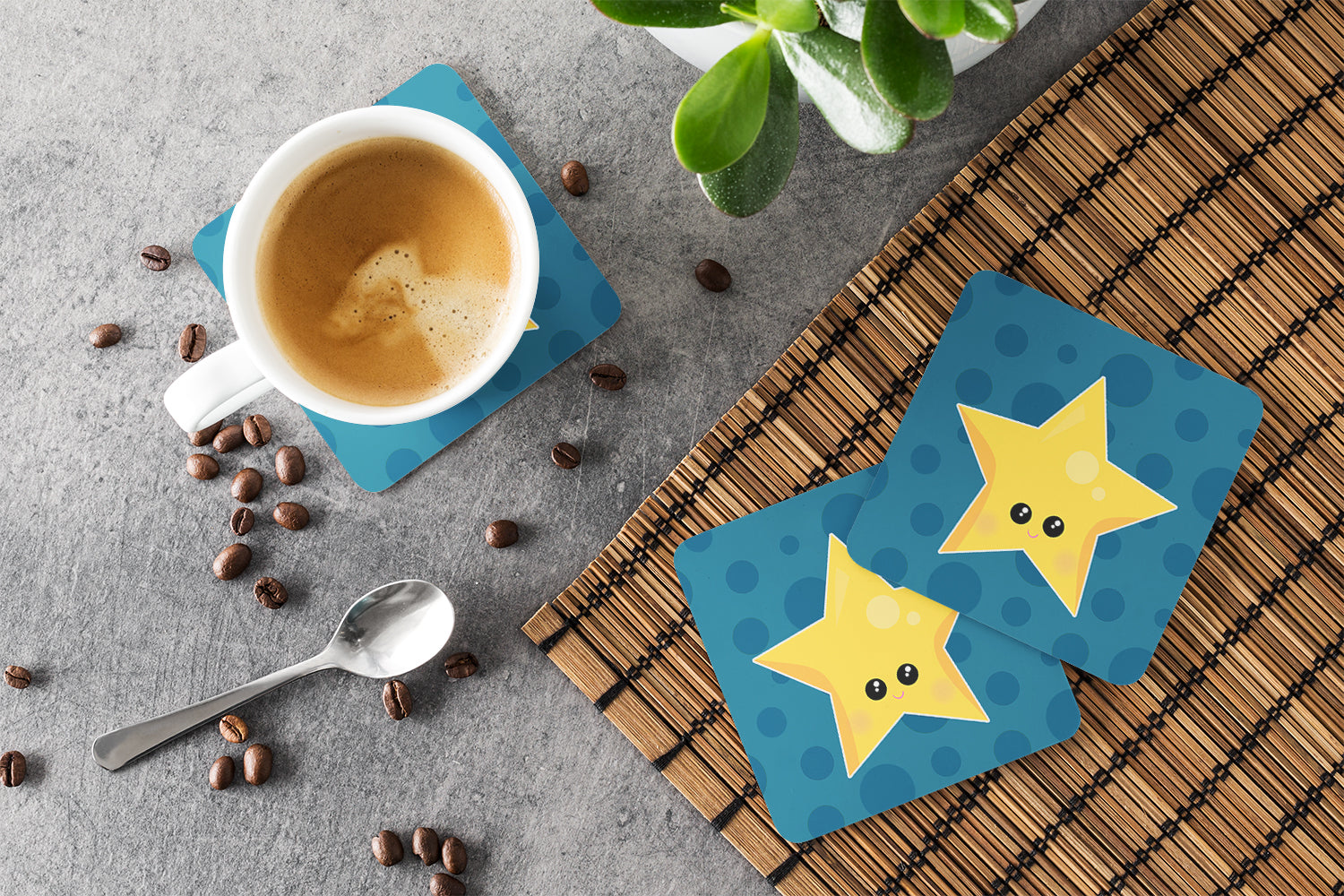 Weather Night Star Face Foam Coasters Set of 4 Cup Coasters for Indoor Outdoor, Tabletop Protection, Anti Slip, Mouse pad Material