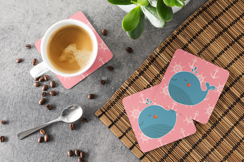 Whale on Pink Nautical Foam Coasters Set of 4 Cup Coasters for Indoor Outdoor, Tabletop Protection, Anti Slip, Mouse pad Material