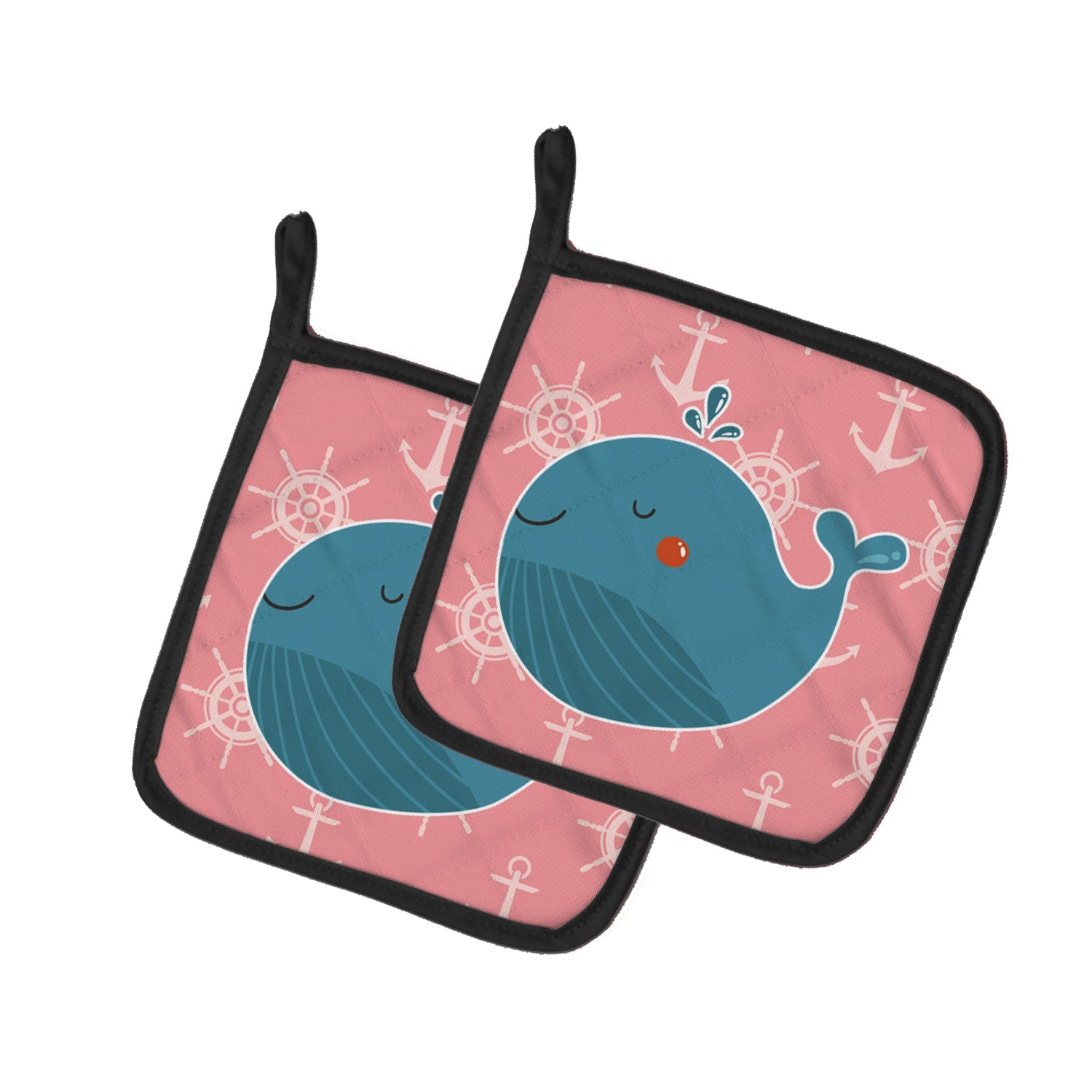 Whale on Pink Nautical Pot Holder Set of 2 Heat Resistant Quilted Hot Pads 7.5 x 7.5 Inch, Insulated Kitchen Trivets for Cooking & Baking