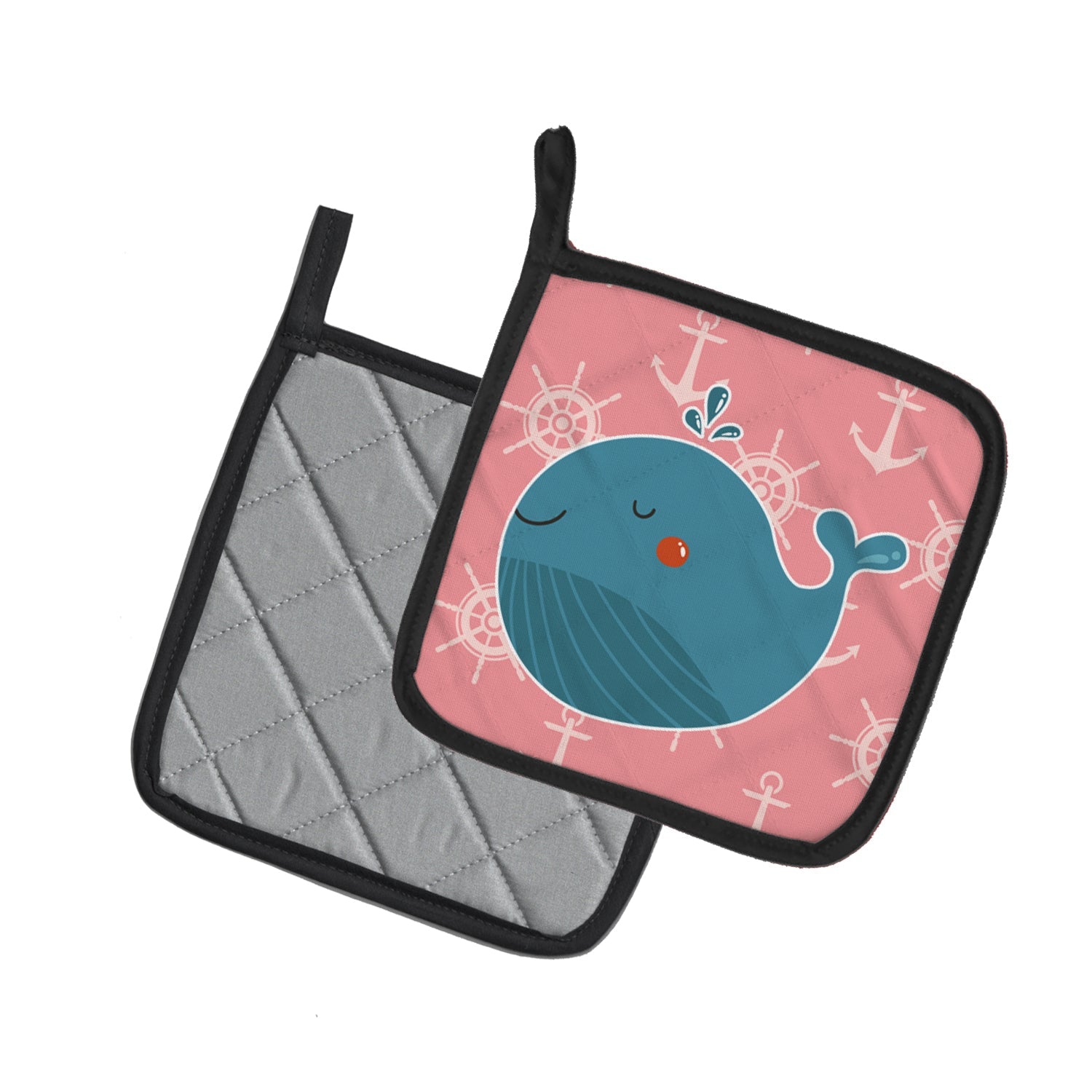 Whale on Pink Nautical Pot Holder Set of 2 Heat Resistant Quilted Hot Pads 7.5 x 7.5 Inch, Insulated Kitchen Trivets for Cooking & Baking