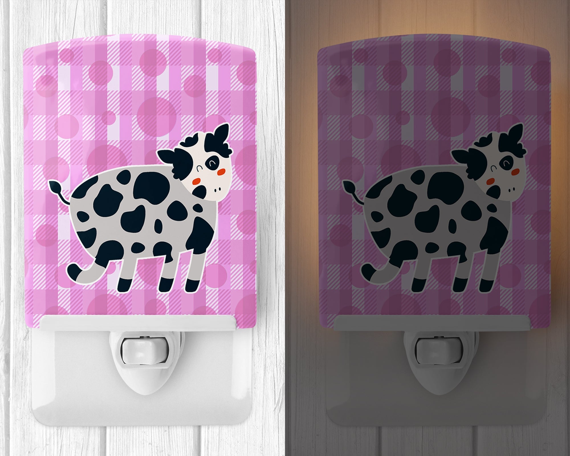 Cow on Pink Polkadots Ceramic Night Light Compact, UL-Certified, Ideal for Bedroom, Bathroom, Nursery, Hallway, Kitchen, 6x4x3, Multicolor