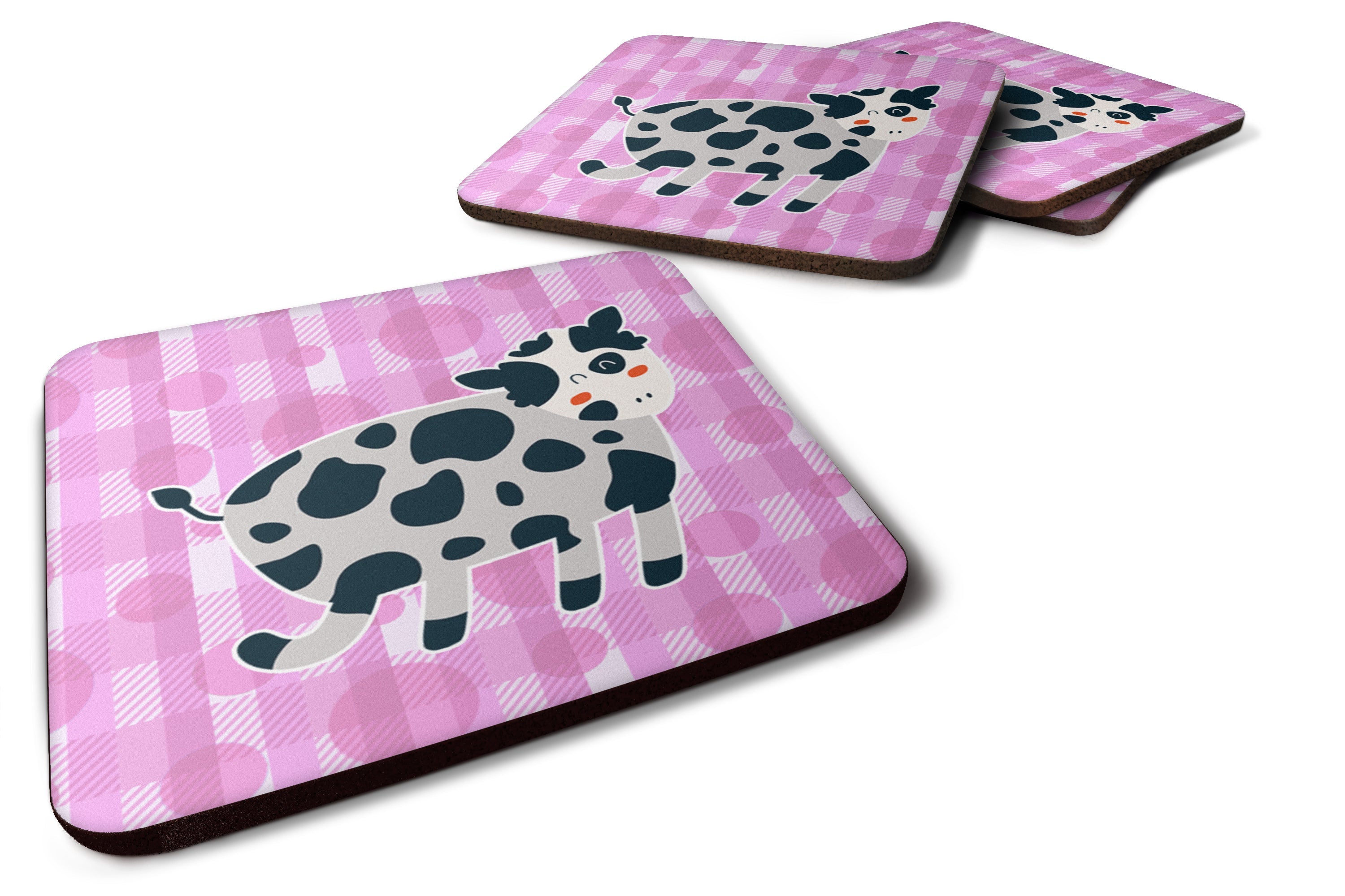 Cow on Pink Polkadots Foam Coasters Set of 4 Cup Coasters for Indoor Outdoor, Tabletop Protection, Anti Slip, Mouse pad Material