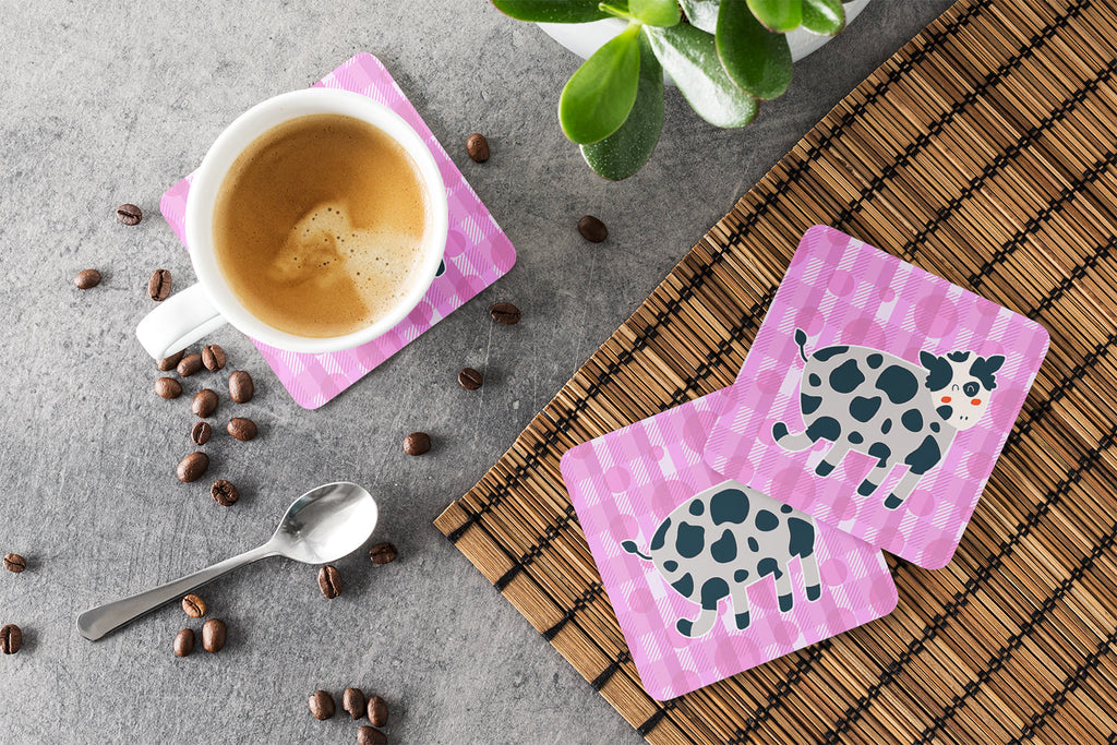Cow on Pink Polkadots Foam Coasters Set of 4 Cup Coasters for Indoor Outdoor, Tabletop Protection, Anti Slip, Mouse pad Material