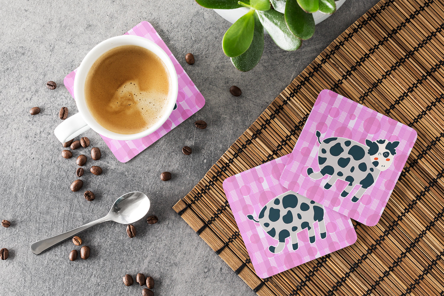 Cow on Pink Polkadots Foam Coasters Set of 4 Cup Coasters for Indoor Outdoor, Tabletop Protection, Anti Slip, Mouse pad Material