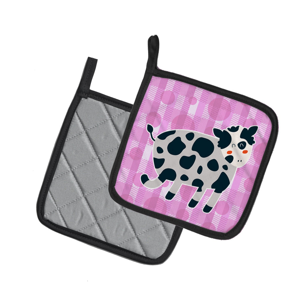 Cow on Pink Polkadots Pot Holder Set of 2 Heat Resistant Quilted Hot Pads 7.5 x 7.5 Inch, Insulated Kitchen Trivets for Cooking & Baking