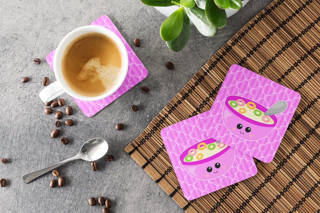 Pink Bowl of Cereal Foam Coasters Set of 4 Cup Coasters for Indoor Outdoor, Tabletop Protection, Anti Slip, Mouse pad Material