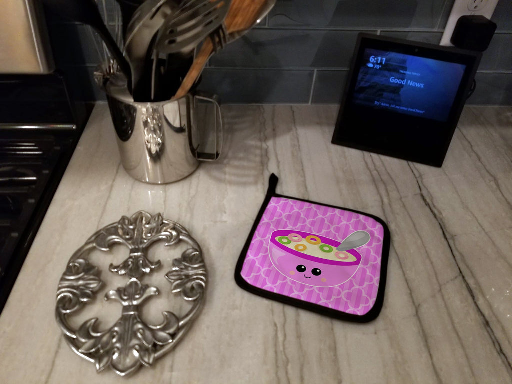 Pink Bowl of Cereal Pot Holder Set of 2 Heat Resistant Quilted Hot Pads 7.5 x 7.5 Inch, Insulated Kitchen Trivets for Cooking & Baking