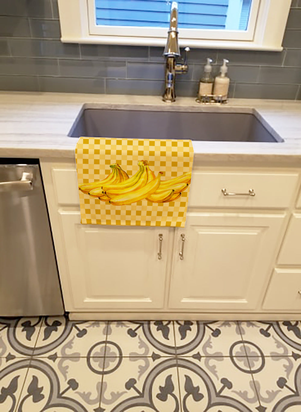 Bananas on Basketweave Kitchen Towel Velour Plush Front and Cotton Loop Back Machine Washable