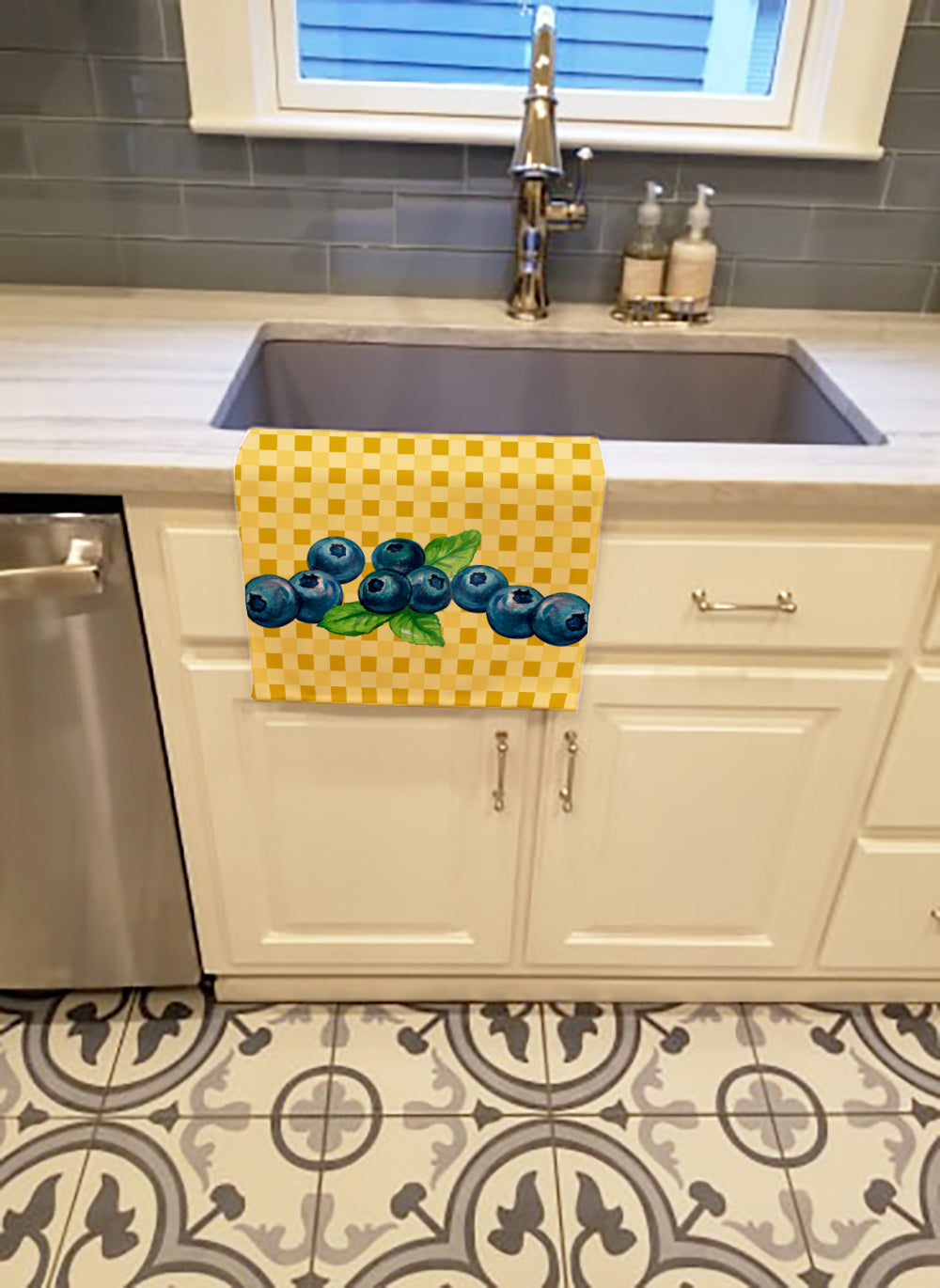 Blueberries on Basketweave Kitchen Towel Velour Plush Front and Cotton Loop Back Machine Washable