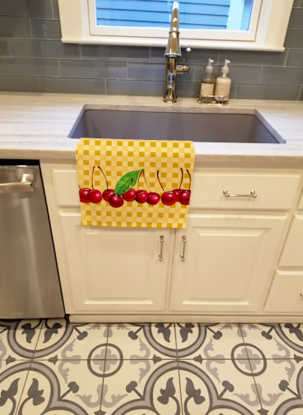 Cherries on Basketweave Kitchen Towel Velour Plush Front and Cotton Loop Back Machine Washable