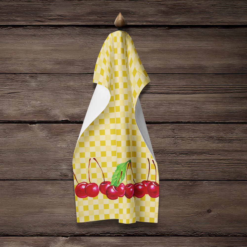 Cherries on Basketweave Kitchen Towel Velour Plush Front and Cotton Loop Back Machine Washable
