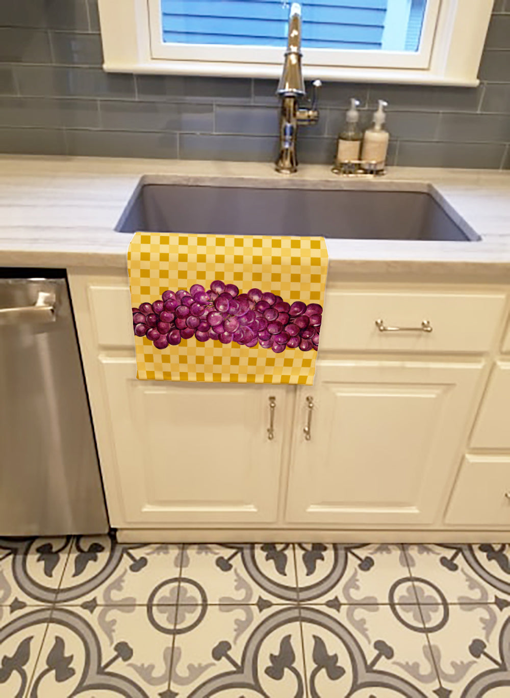 Grapes on Basketweave Kitchen Towel Velour Plush Front and Cotton Loop Back Machine Washable