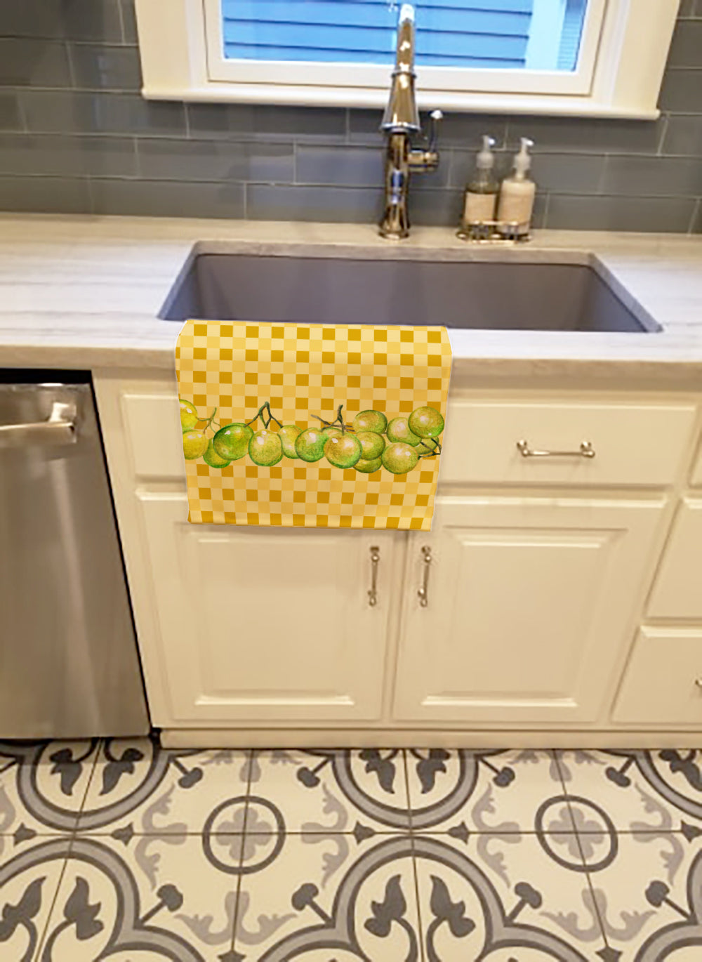 White Grapes on Basketweave Kitchen Towel Velour Plush Front and Cotton Loop Back Machine Washable