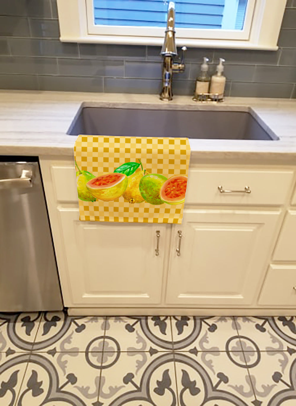 Guavas on Basketweave Kitchen Towel Velour Plush Front and Cotton Loop Back Machine Washable