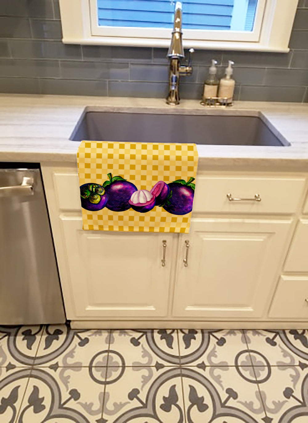 Mangosteens on Basketweave Kitchen Towel Velour Plush Front and Cotton Loop Back Machine Washable