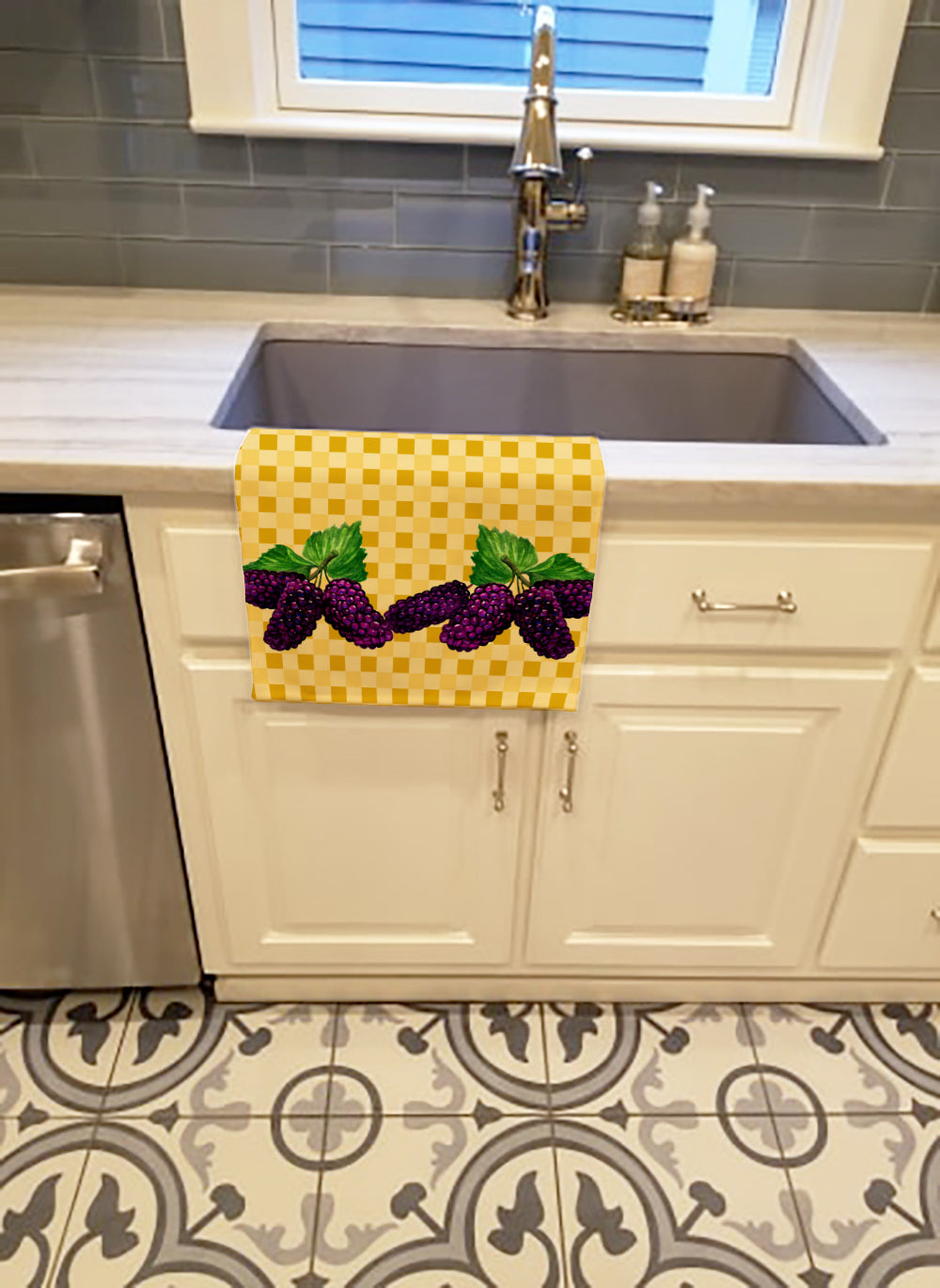 Mulberries on Basketweave Kitchen Towel Velour Plush Front and Cotton Loop Back Machine Washable
