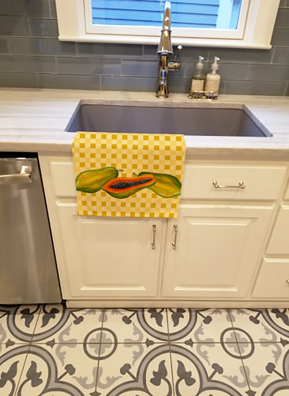 Papayas on Basketweave Kitchen Towel Velour Plush Front and Cotton Loop Back Machine Washable