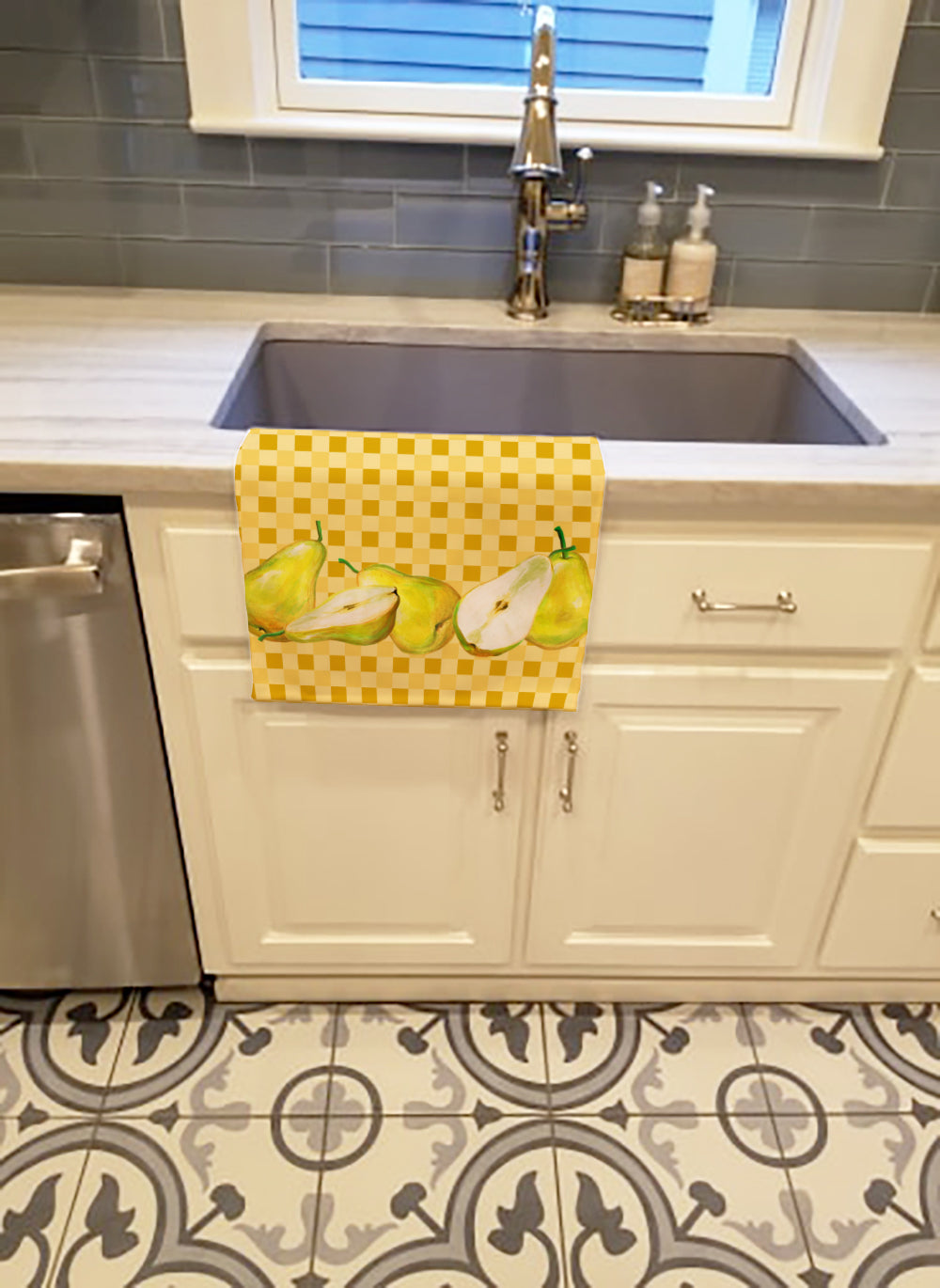 Pears on Basketweave Kitchen Towel Velour Plush Front and Cotton Loop Back Machine Washable