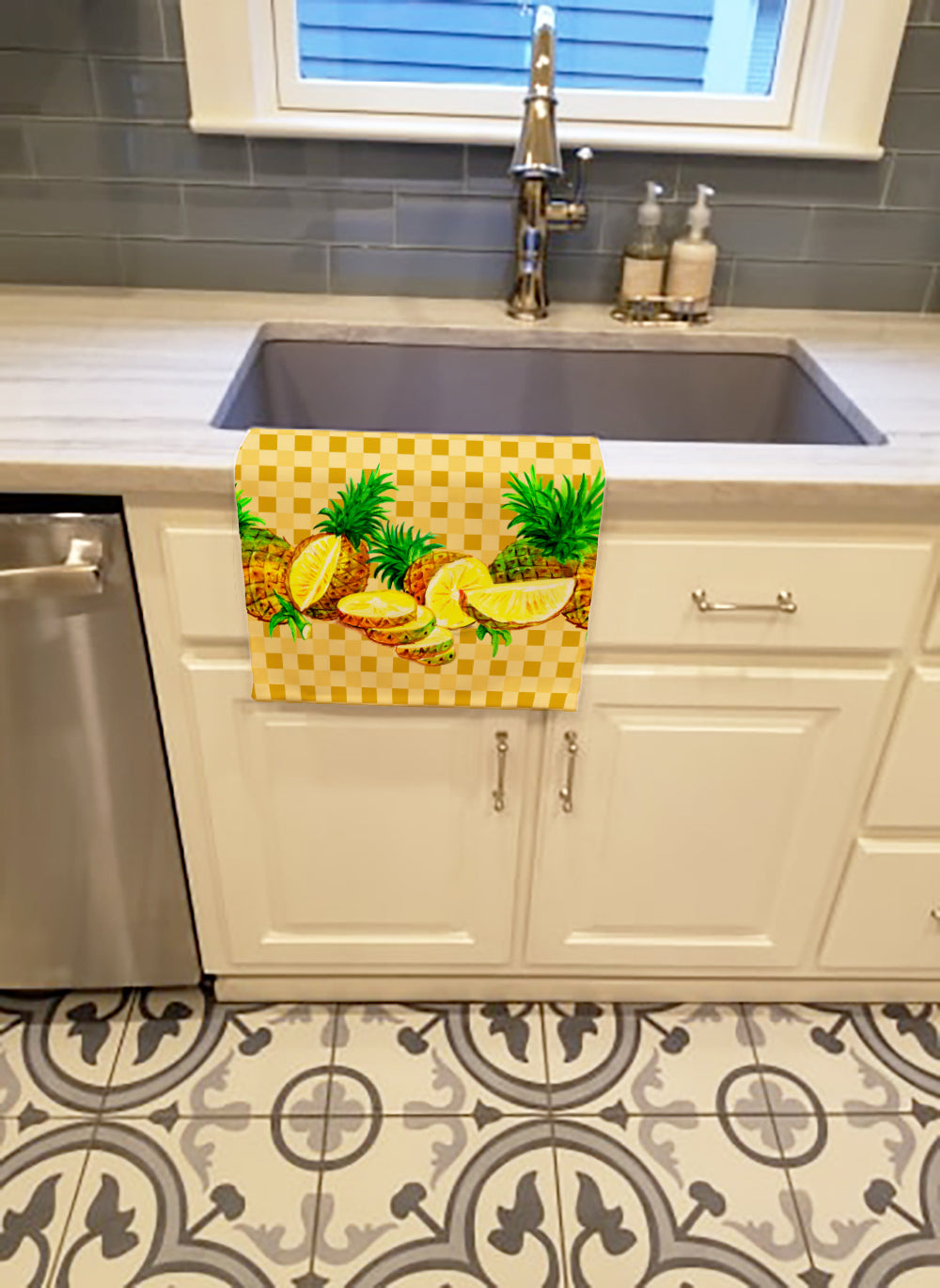 Pineapples on Basketweave Kitchen Towel Velour Plush Front and Cotton Loop Back Machine Washable